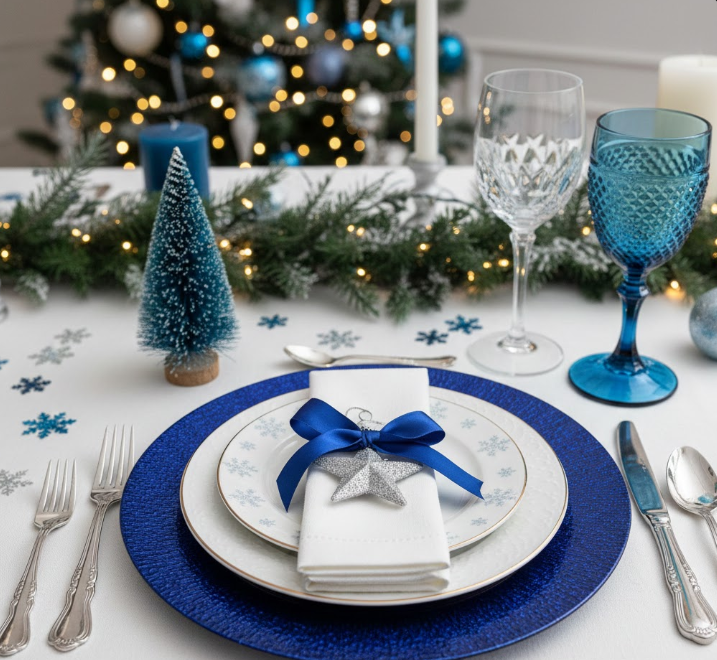 1. Blue-and-White Christmas Place Setting