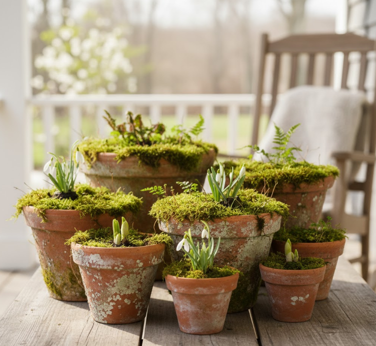 Aged Terra Cotta Pots with Moss