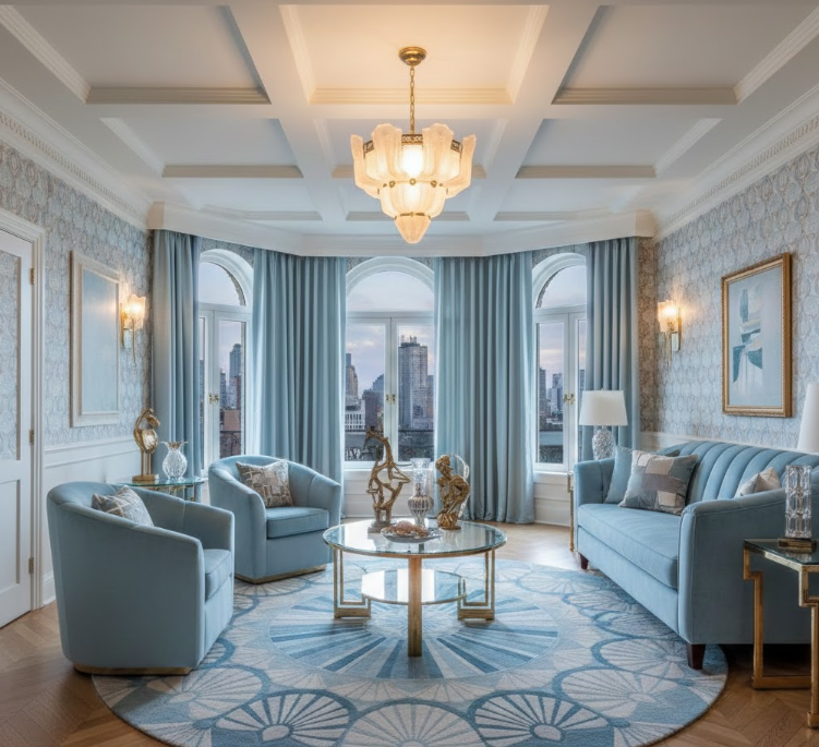 Art Deco Inspired Light Blue Living Room