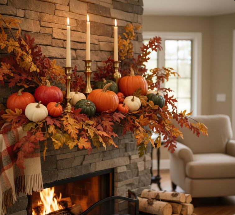 Autumn Leaves, Pumpkins, and Brass Candlesticks