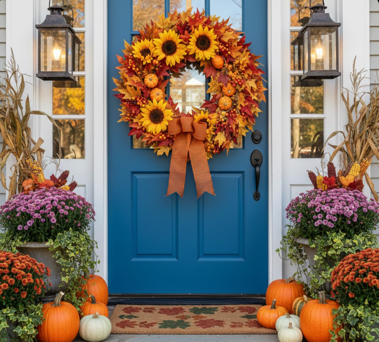 Azure Door with Vibrant Wreath