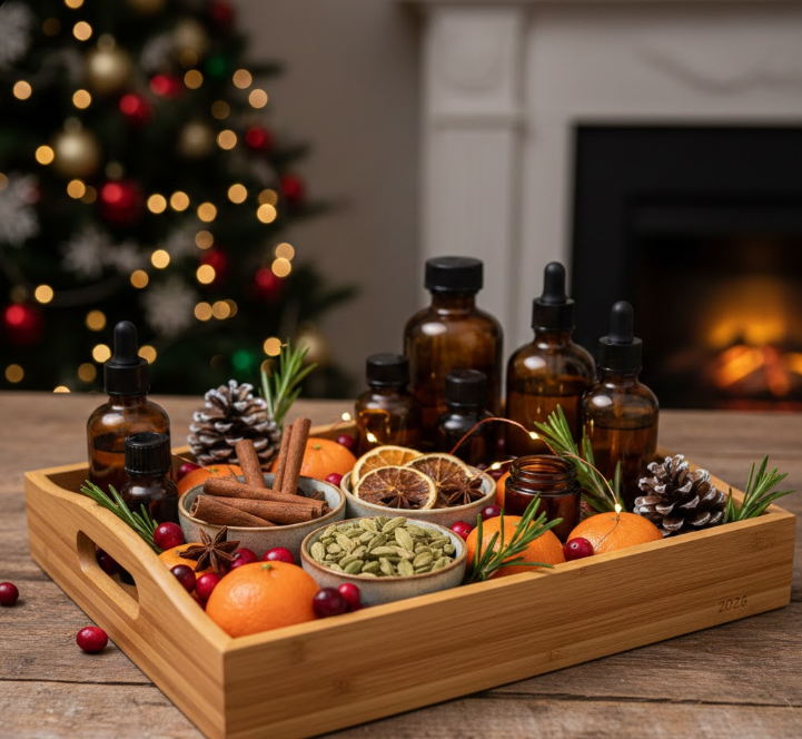 Bamboo Tray With Spices, Citrus, and Amber Glass