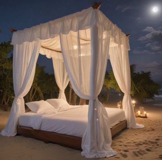 Beach Canopy Bed with Flowing White Fabric