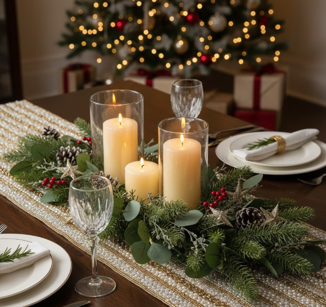 . Beaded Table Runner With Ivory Candles and Greenery