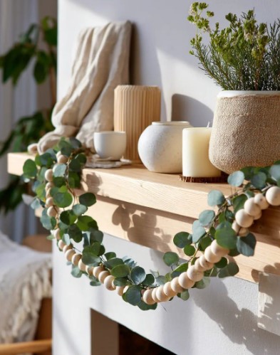 Beaded Wood Garland and Potted Ivy