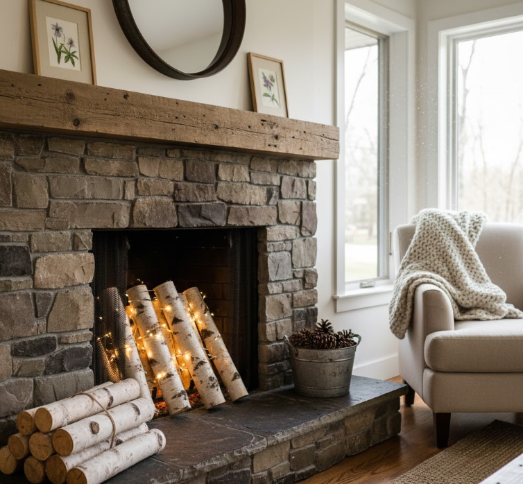 Birch Log Accents in Fireplaces