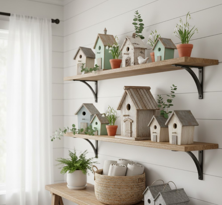 Birdhouse Displays on Floating Shelves