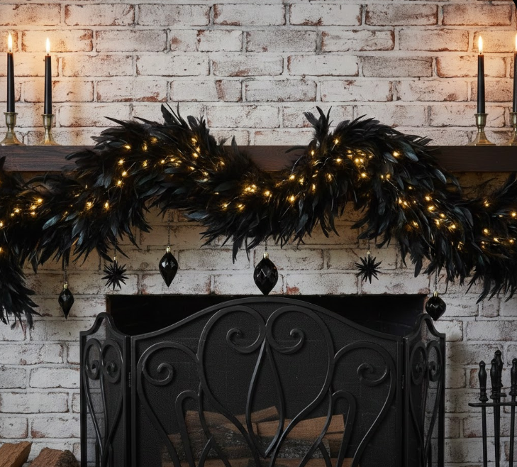 Black Feather Garland for Mantels