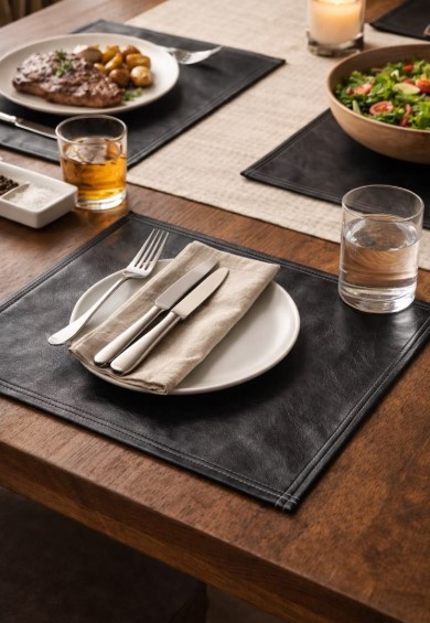 Black Leather Placemats with White Stitching