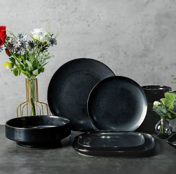 Black Matte Dinnerware with Silver Accents