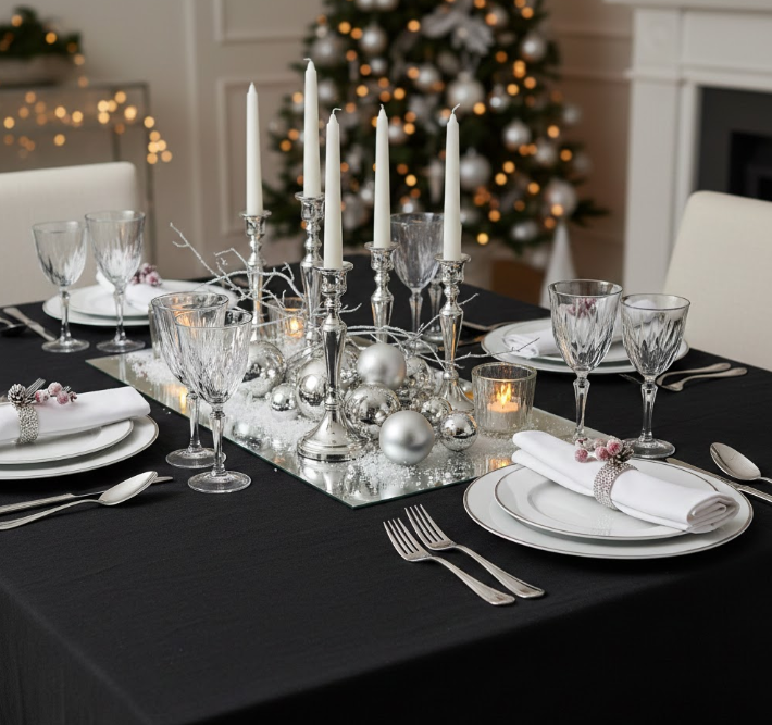  Black Tablecloth With White Napkins and Silver Accents