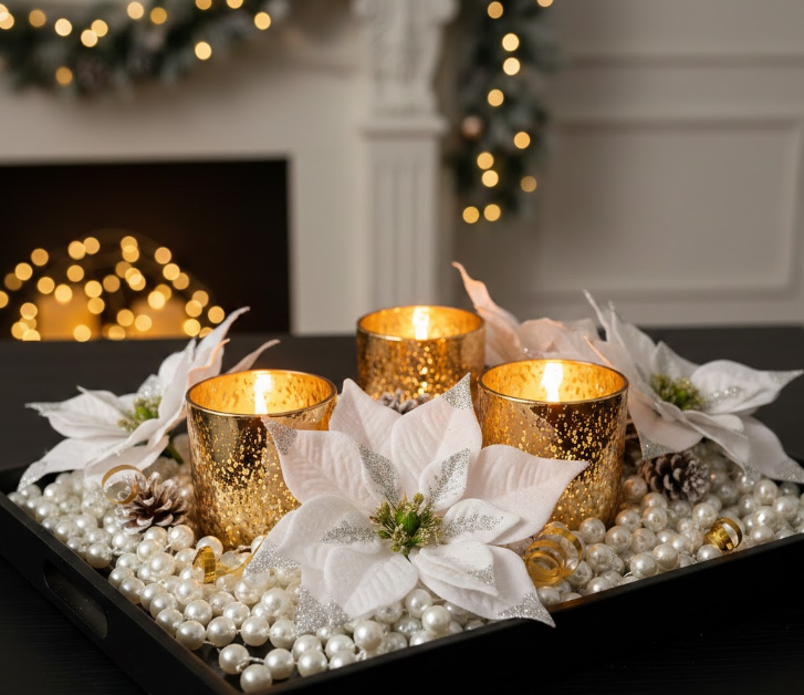 Black Tray With Pearls, White Poinsettias, and Gold Votives