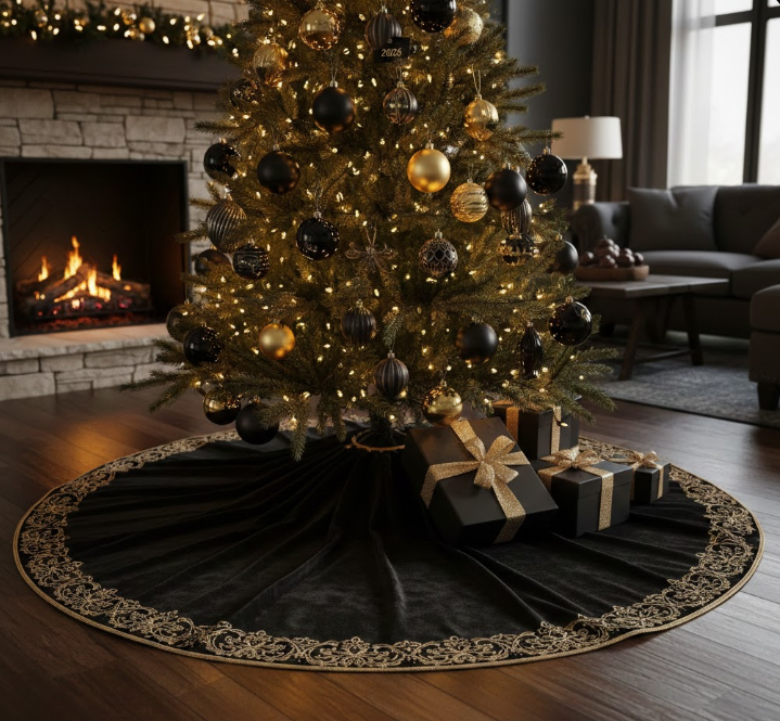 Black Velvet Tree Skirt With Gold Trim
