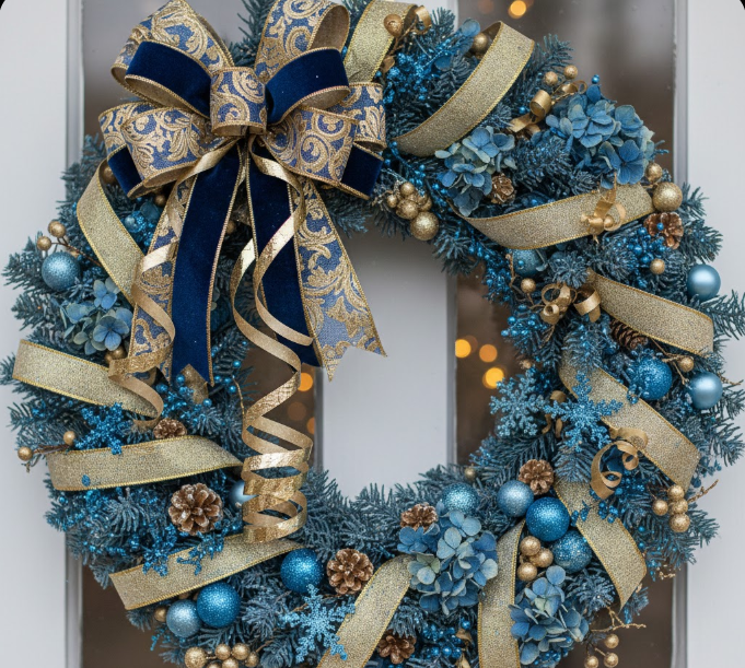 Blue and Gold Christmas Wreath