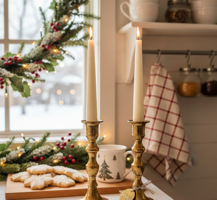 Brass Candlesticks with Cream Candles