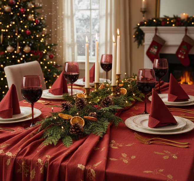 Burgundy Wine Glasses With Matching Table Linens