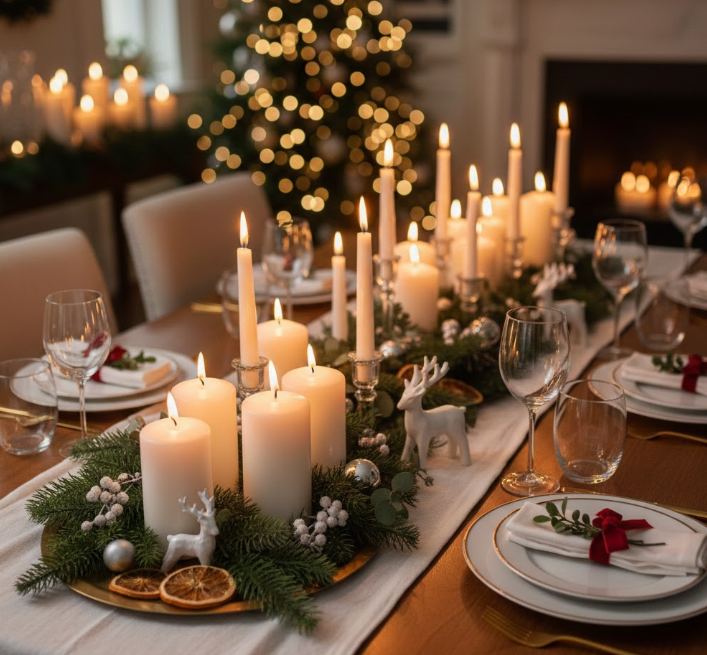 Candlelit Table With White Pillar Candles