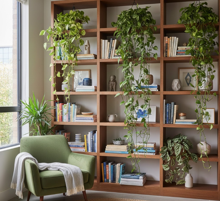 Cascading Plants on Bookshelves