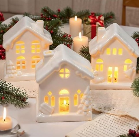 Ceramic Houses, Twinkle Lights, and Bottle Brush Trees