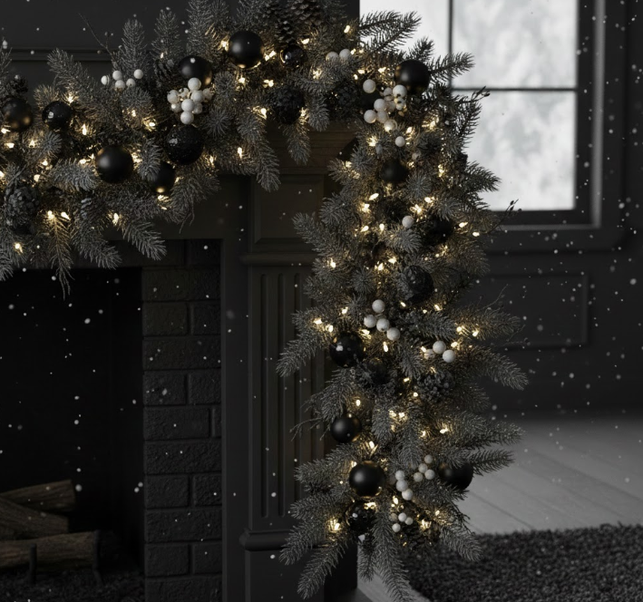 Charcoal Black Garland with White Lights