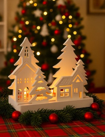 Christmas Village With Candles, Plywood Trees, and Faux Fur