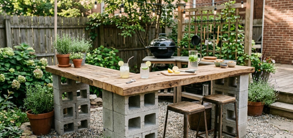 Cinder Block and Wood Plank Bar
