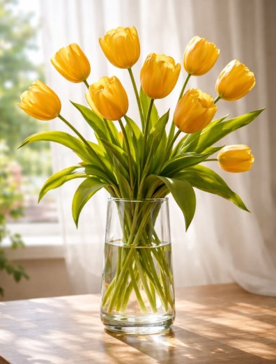 Clear Glass Pitcher with Yellow Tulips