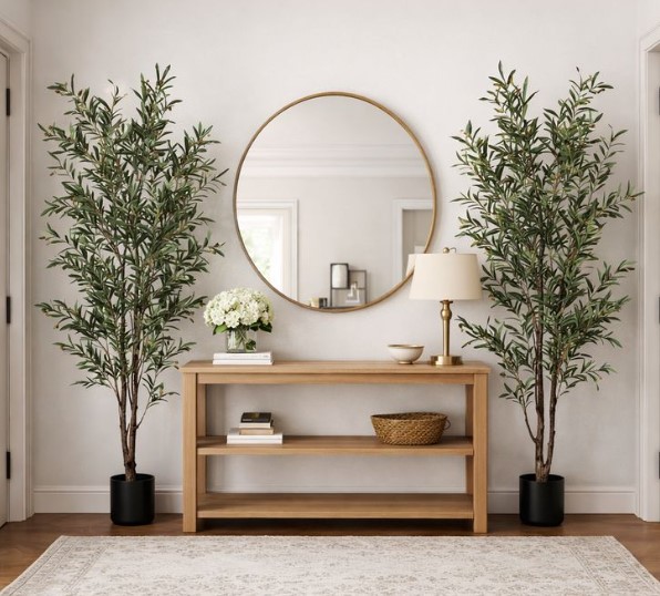 Console Table With a Wreath and One Small Tree