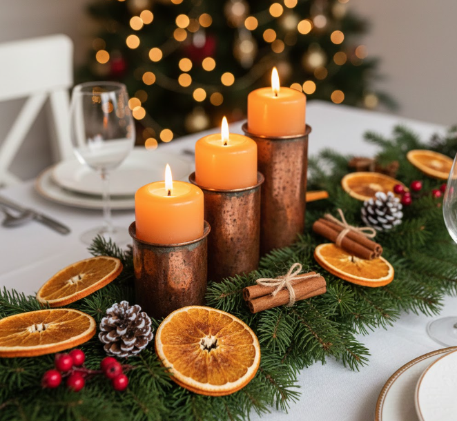Copper Candleholders With Dried Orange and Cinnamon