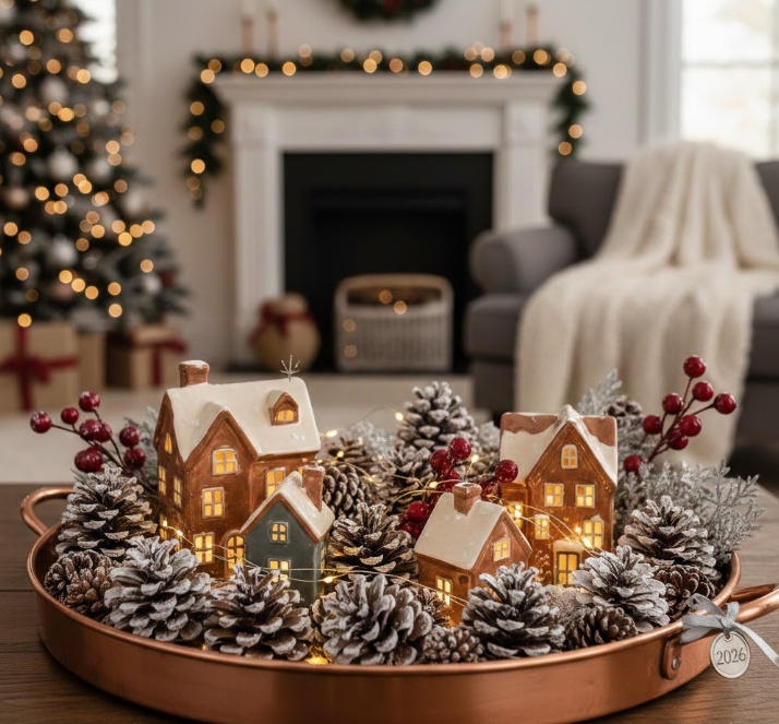  Copper Tray With Frosted Pinecones and Mini Houses