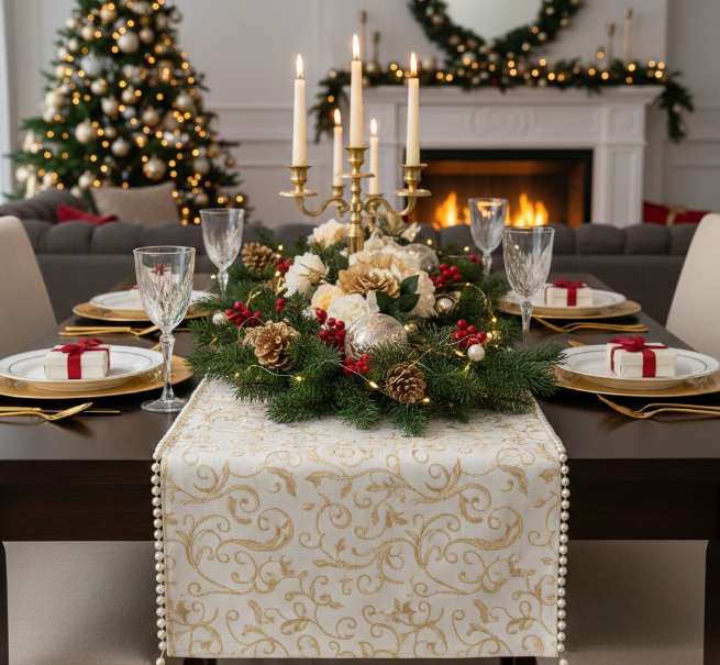 Cream and Gold Runner With Pearl Beads
