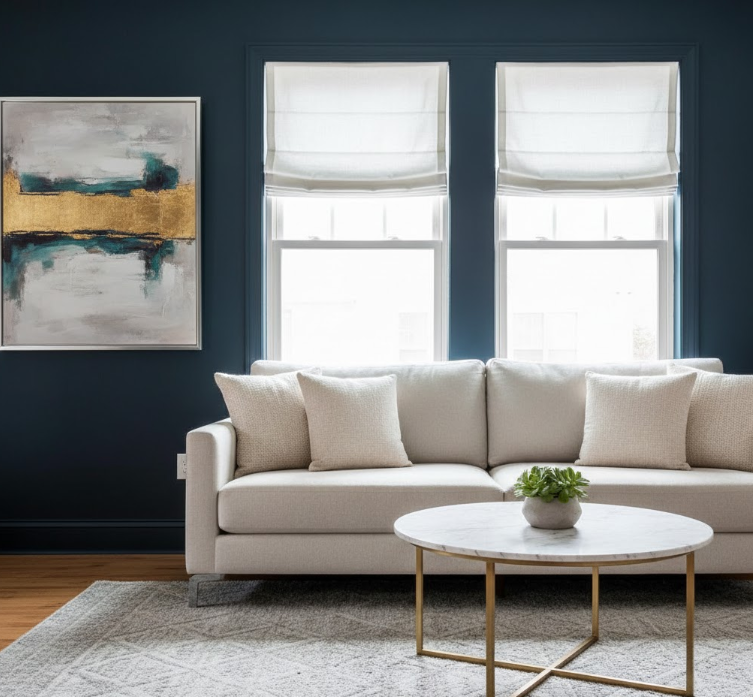 Dark Blue Walls + White Roman Blinds