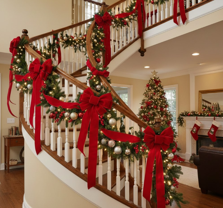 Decorated Banisters With Red Ribbons