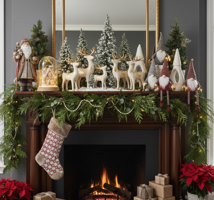Decorated Mantel with Holiday Figures