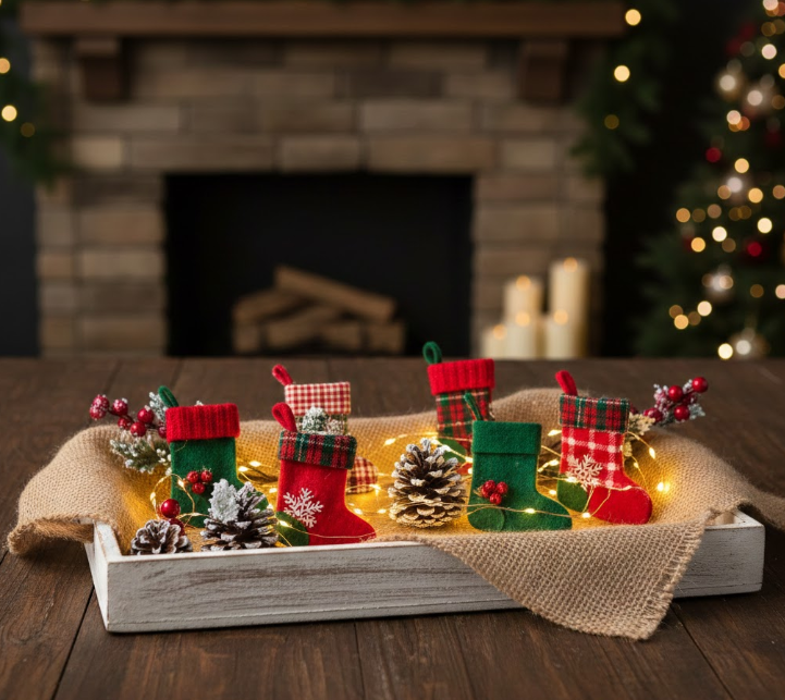  Distressed White Tray With Burlap, Mini Stockings, and Fairy Lights