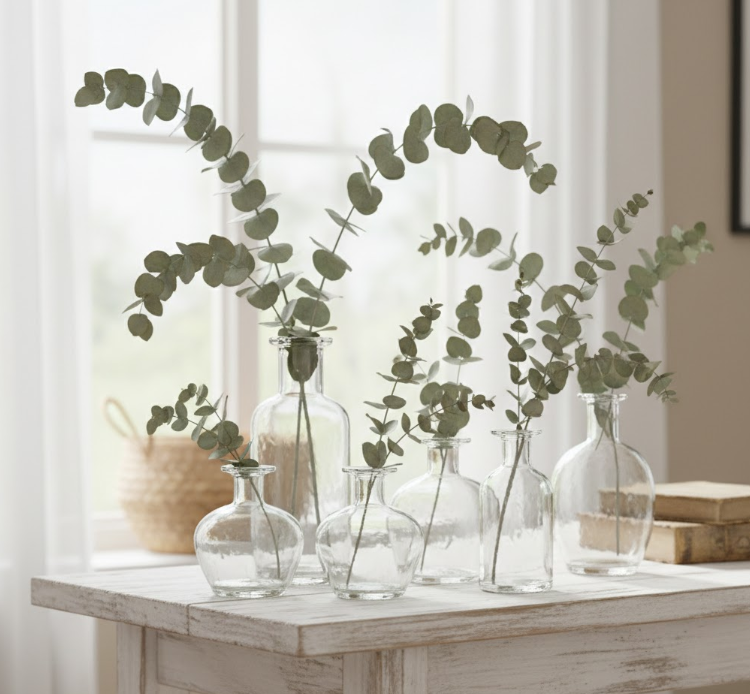 Dried Eucalyptus in Glass Vases