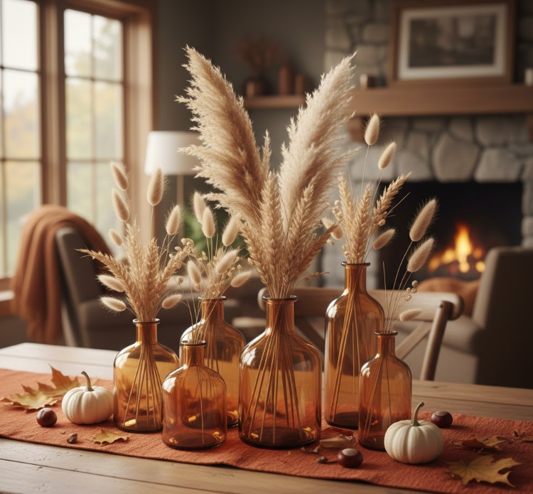 Dried Grasses in Amber Bottles