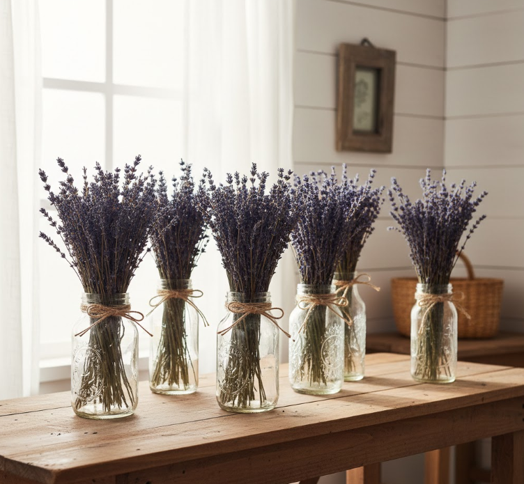 Dried Lavender Bundles in Glass Vases