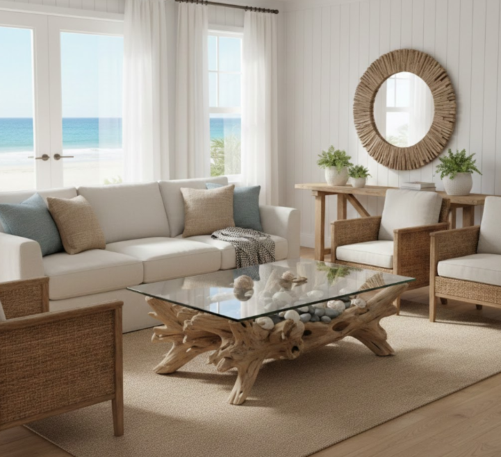Driftwood Coffee Tables With Glass Tops
