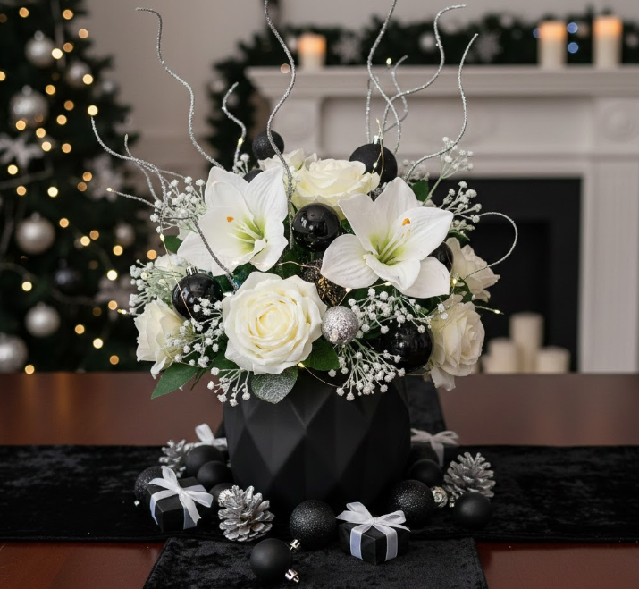  Ebony Black Table Centerpiece with White Flowers