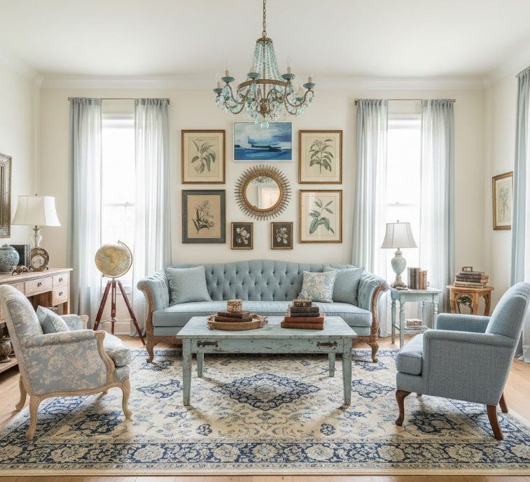 Eclectic Living Room with Light Blue Vintage Pieces