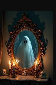Eerie Mirror with String Lights and Gravestone