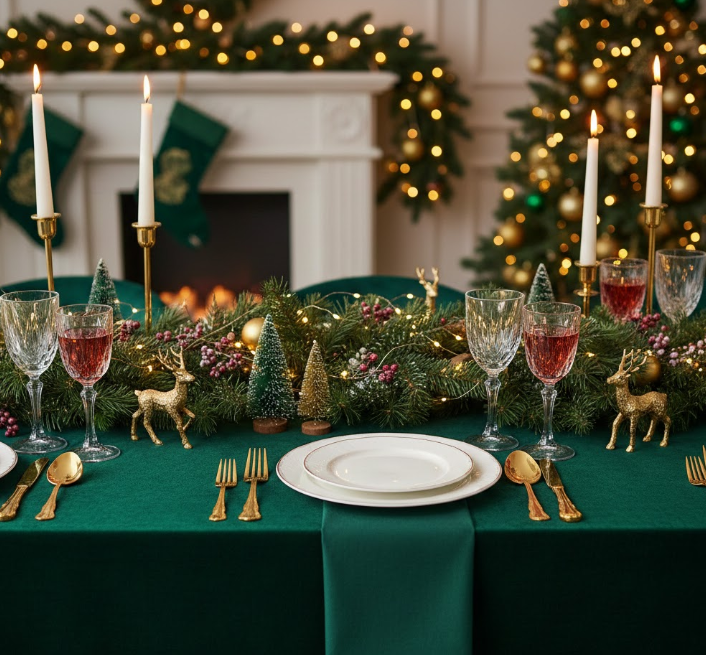 Emerald Green Tablecloth With Gold Cutlery and Crystal Glasses