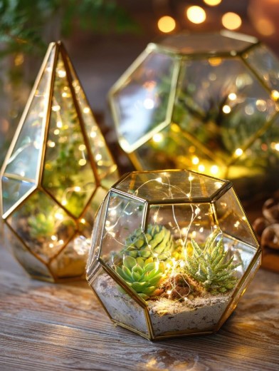 Evergreens, Gold Ornaments, and a Glass Terrarium