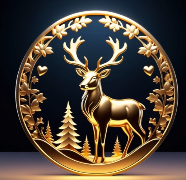 Evergreens With a Gold Bell and Black Deer