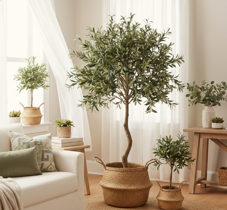 Faux Olive Trees in Woven Pots