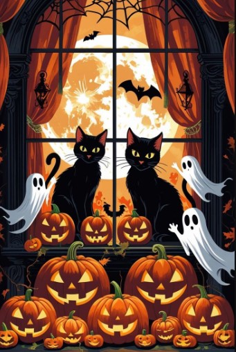 Festive Black Cats and Pumpkins
