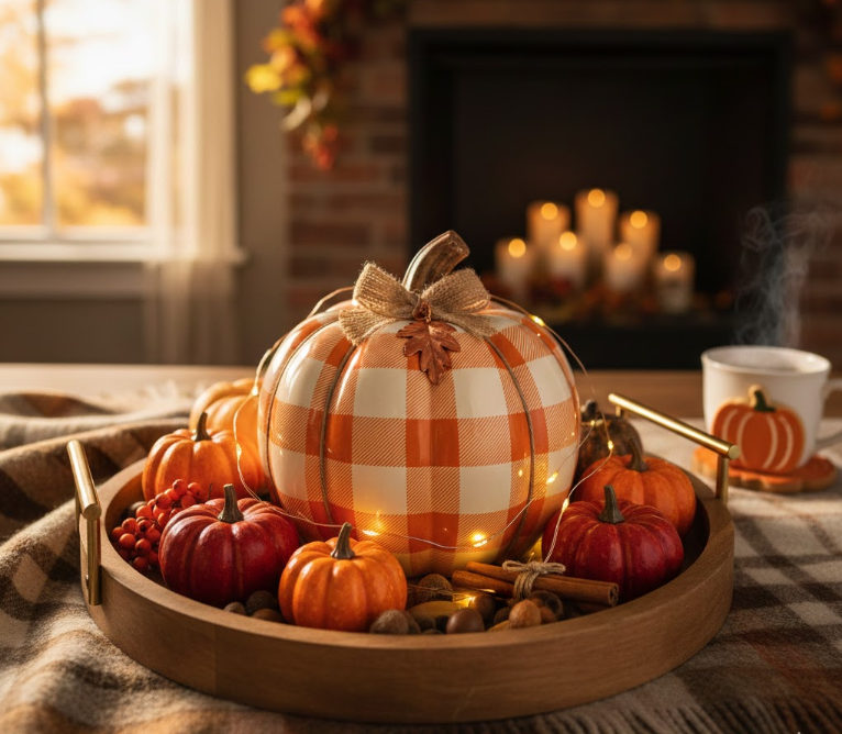 Festive Fall Display with Checkered Pumpkin