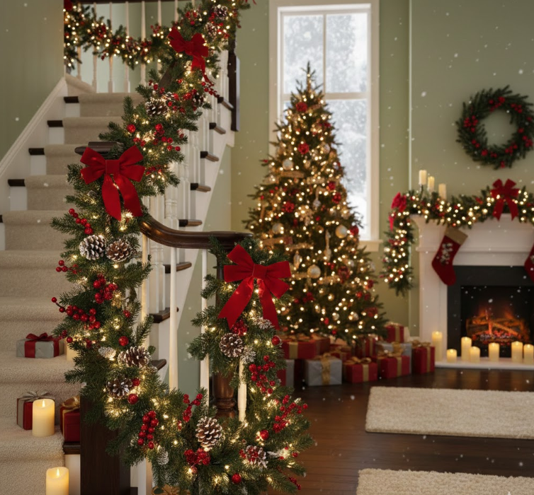 Festive Garland on Staircase Railings