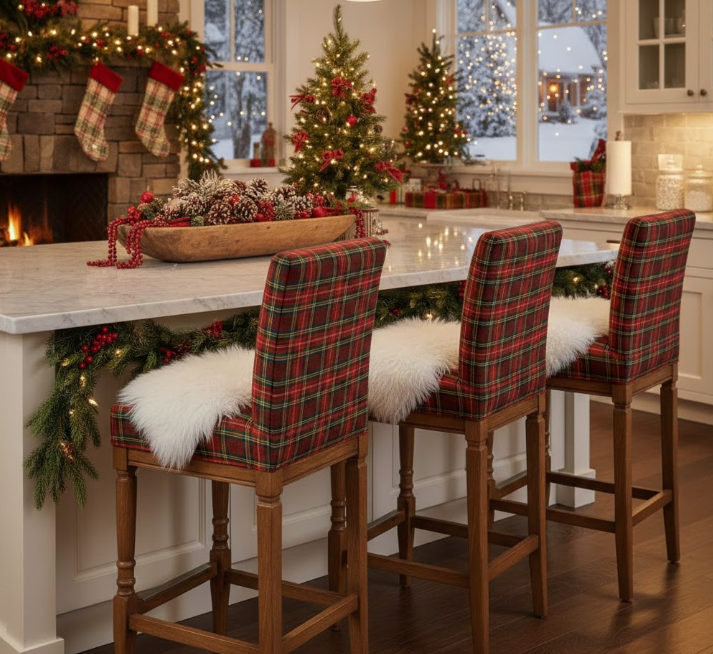 Festive Kitchen Island Stools With Plaid Cushions